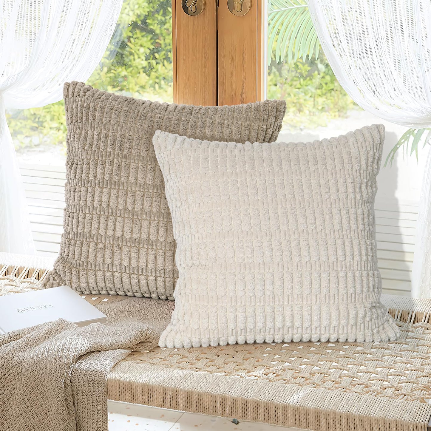 UXORSN Pack of 4 Decorative Throw Pillow Covers 18x18 Inch Soft Plush Corduroy Striped Square Pillowcases Blue Beige Coffee Gray Fluffy Cushion Cases Boho Decor for Farmhouse Living Room Bed Sofa