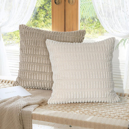 UXORSN Pack of 4 Decorative Throw Pillow Covers 18x18 Inch Soft Plush Corduroy Striped Square Pillowcases Blue Beige Coffee Gray Fluffy Cushion Cases Boho Decor for Farmhouse Living Room Bed Sofa