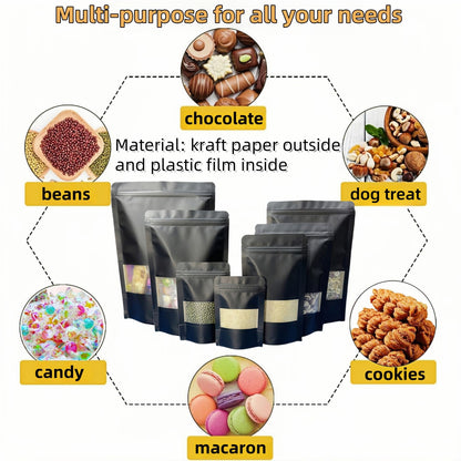 PABCK 50 Pcs Black Kraft Paper Window Bags Seeds Envelopes Stand Up Zipper Resealable Plastic Food Storage Bag Lock Seed Packets for Candy Spices Coffee Packaging Smell Proof 16x24cm (6.3x9.45 inch)