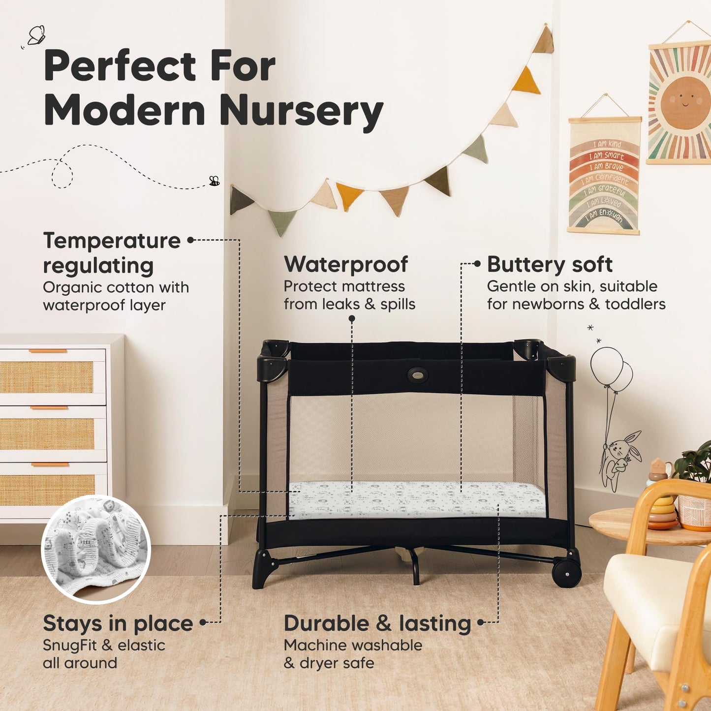 2-Pack Pack and Play Sheets, Waterproof Mini Crib Sheets Fitted - Organic Cotton Pack N Play Sheets for Graco Pack and Play Mattress, Playard Baby Crib Sheets, Neutral for Boy,Girl,Toddler (KeaSafari)
