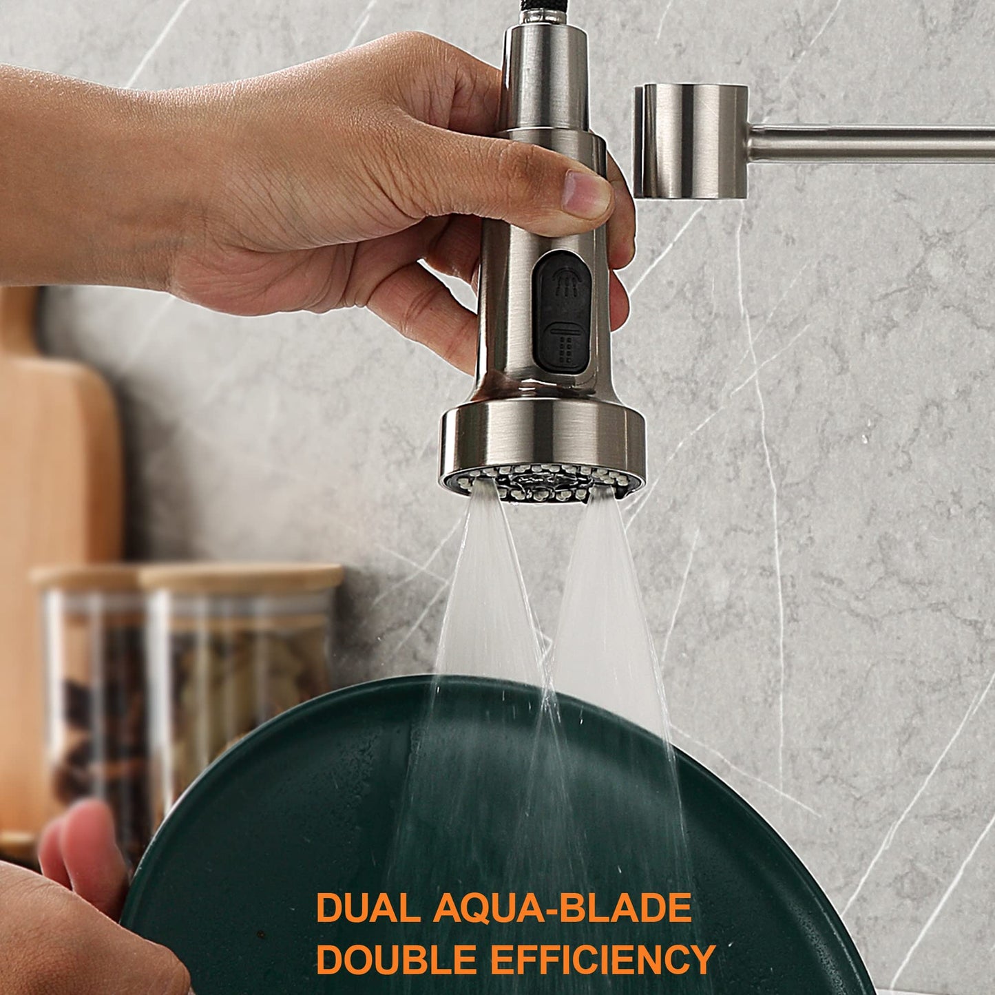TIORIY Pull Down Spray Head Replacement - for Kitchen Faucet Sprayer Head with 15 Adapters, 3 Function Pull Out Faucet Spray Nozzle, Brushed Nickel