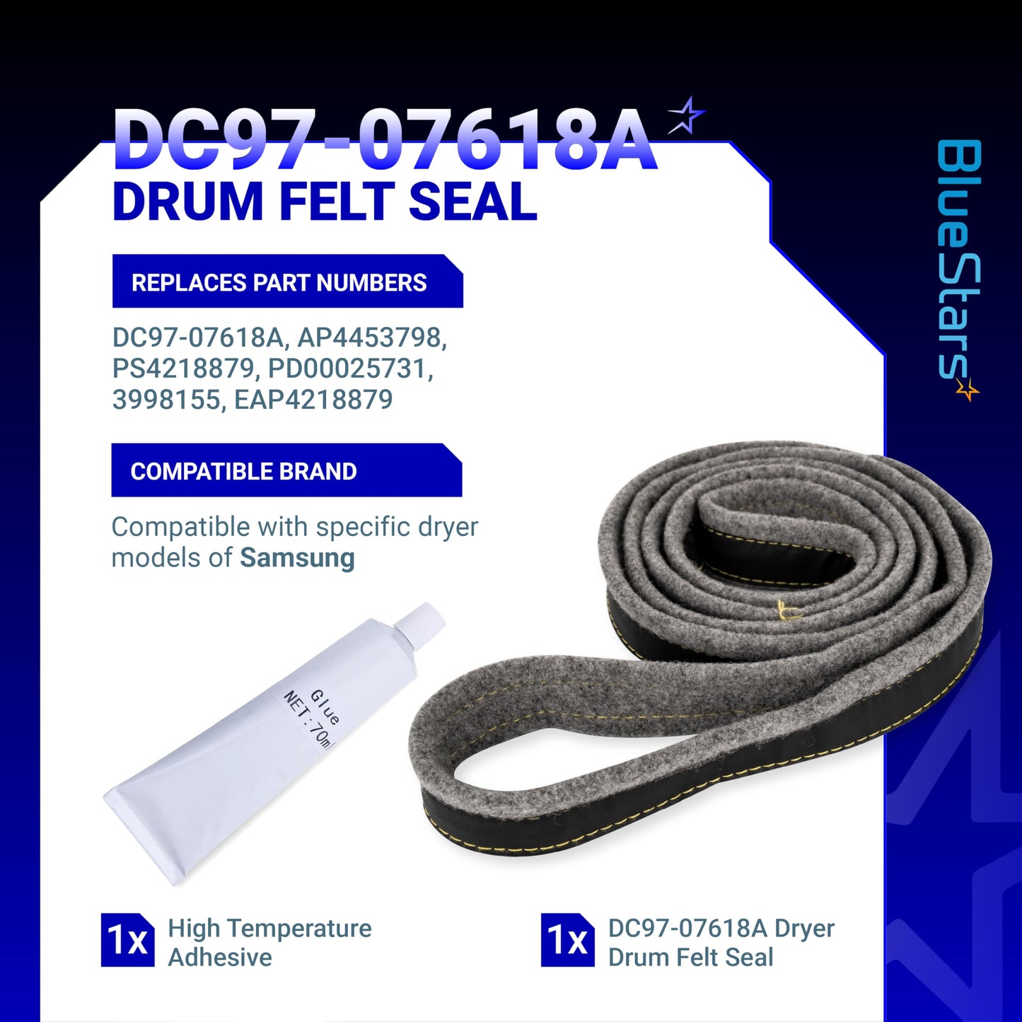BlueStars DC97-07618A Dryer Drum Felt Seal - Compatible with Samsung DV42H5200EW DV42H5000EW DV45K6500EV DV48H7400EW DV42H5200EP/A3 DV50K8600EV/A3 DV52J8700GP/A2 Replace AP4453798 3998155 PS4218879