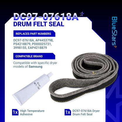 BlueStars DC97-07618A Dryer Drum Felt Seal - Compatible with Samsung DV42H5200EW DV42H5000EW DV45K6500EV DV48H7400EW DV42H5200EP/A3 DV50K8600EV/A3 DV52J8700GP/A2 Replace AP4453798 3998155 PS4218879
