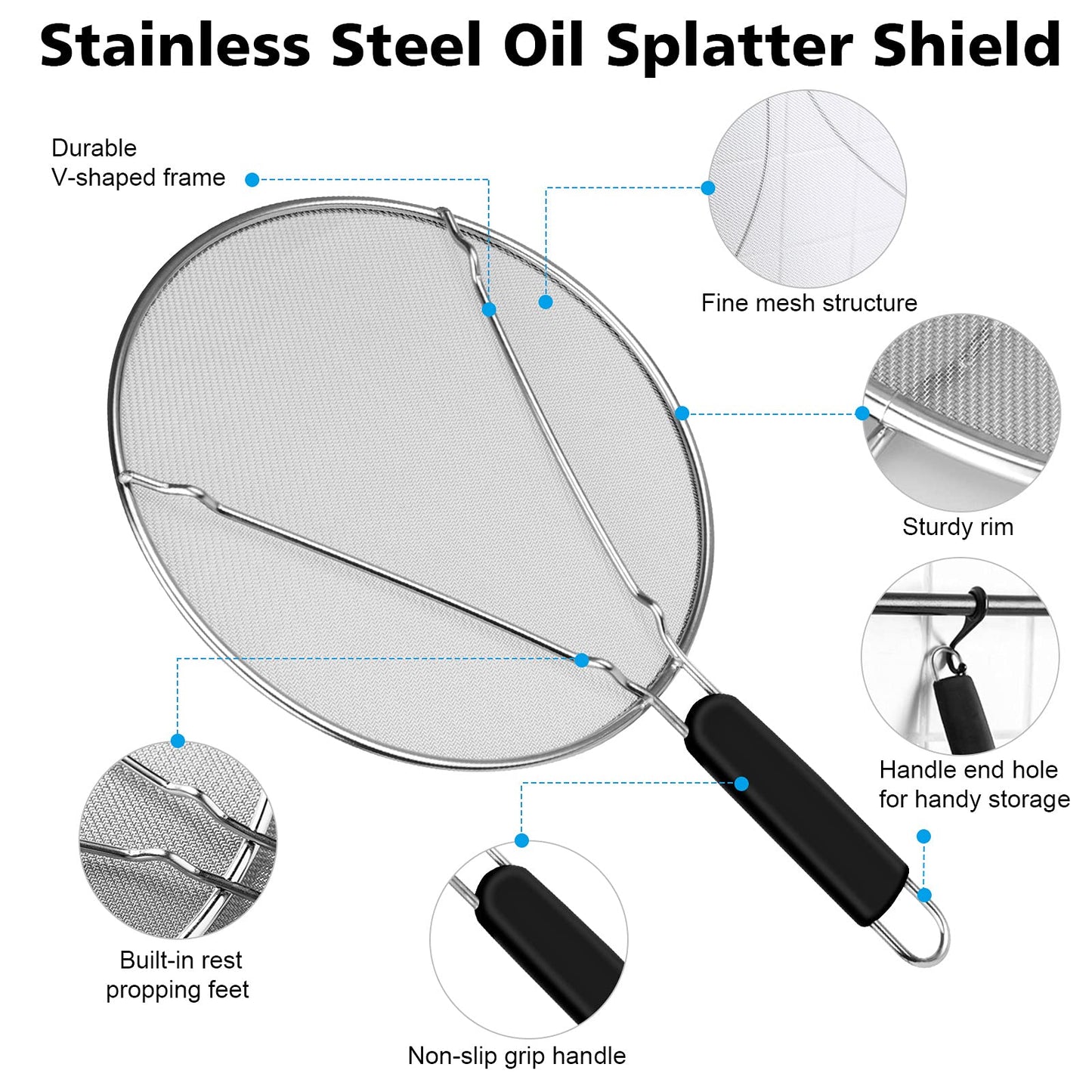 Splatter Screen for Frying Pan - 9.8" 11.4" 13" Grease Splatter Guard Hot Oil Splatter Guard, Stainless Steel Fine Mesh Splash Guard with Resting Feet for Cooking to Prevent Oil Splatter