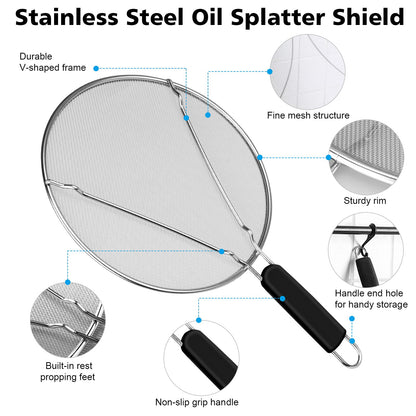 Splatter Screen for Frying Pan - 9.8" 11.4" 13" Grease Splatter Guard Hot Oil Splatter Guard, Stainless Steel Fine Mesh Splash Guard with Resting Feet for Cooking to Prevent Oil Splatter