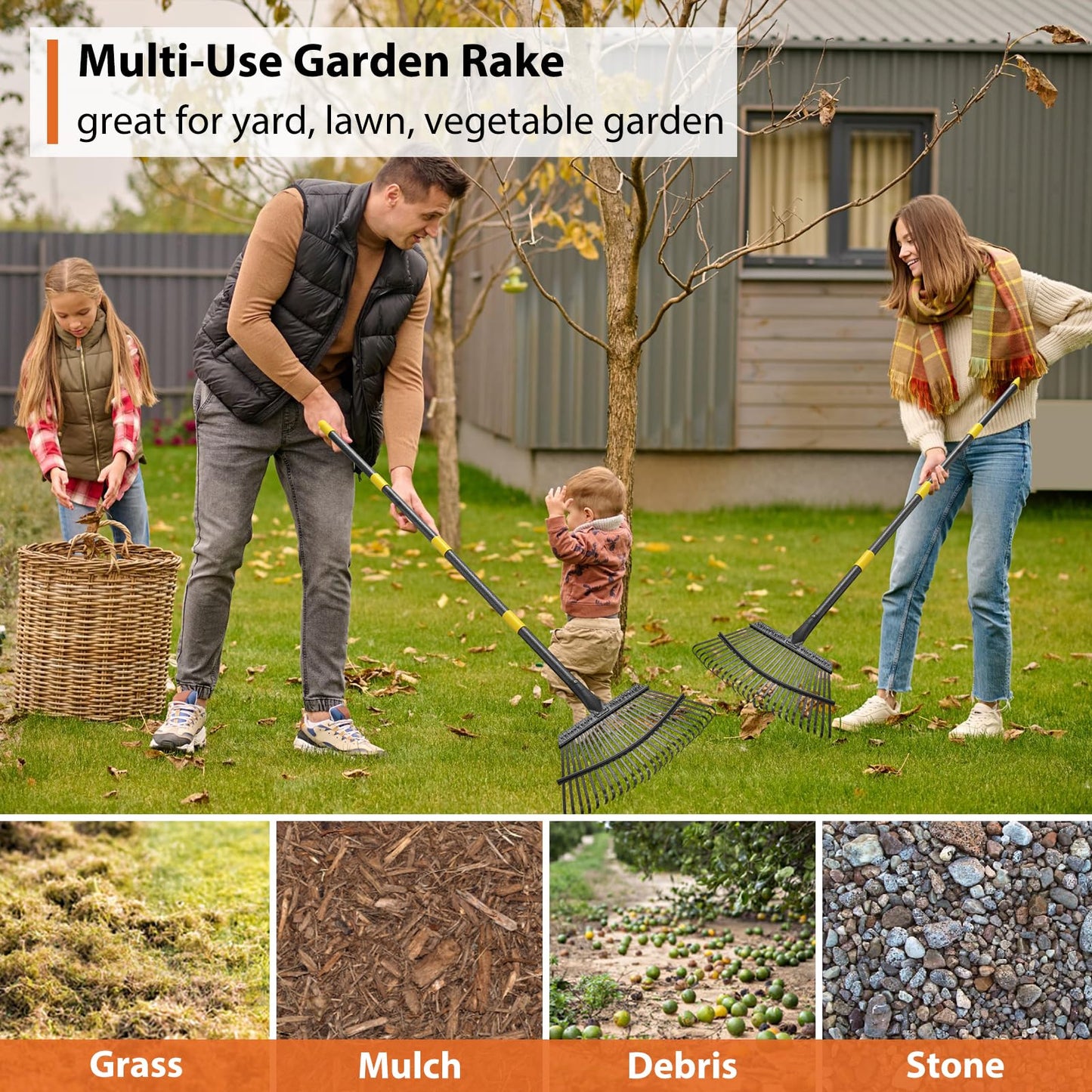 Rake for Leaves Heavy Duty, Large Garden Leaf Rakes for Lawns, 65 Inch Gardening Rake with Back-Saving Long Handle, 18.5” Wide 25 Tines Head for Quick Cleanup Yard Grass Clippings, Anti-Rust