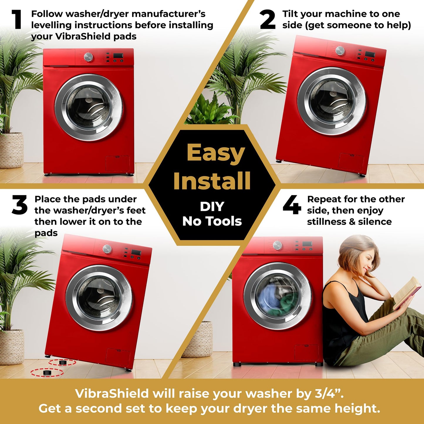 Anti Vibration Pads for Washing Machine w/HexaGrip - Stops Washer Dryer Noise Moving Shaking Walking Skidding - Appliance Anti Vibration Washing Machine Support Feet Stabilizer Mat - VIBRASHIELD 4 PK