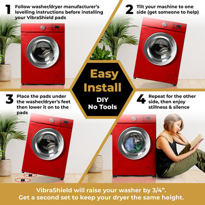 Anti Vibration Pads for Washing Machine w/HexaGrip - Stops Washer Dryer Noise Moving Shaking Walking Skidding - Appliance Anti Vibration Washing Machine Support Feet Stabilizer Mat - VIBRASHIELD 4 PK