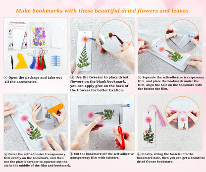 Cardstock Blank Bookmarks Set, 12 Pcs DIY White Craft Bookmarks for Pressed Flowers, Dried Floral Book mark Making Kit with 43 Pcs Pressed Flowers, 12 Pcs Tassels, DIY Book marks for Dried Floral