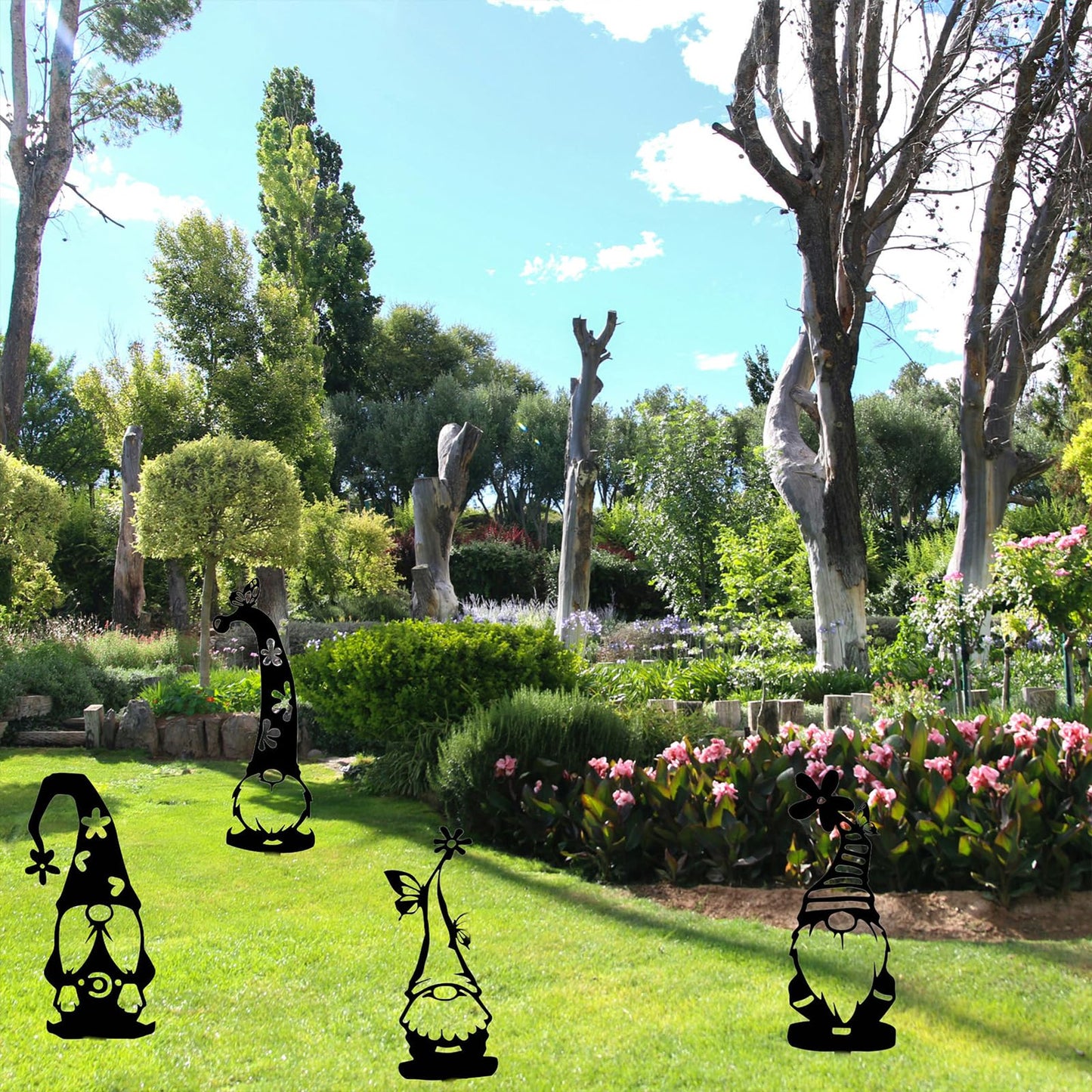 4PCS Metal Black Gnomes with Flower Garden Statues Garden Decor Outdoor Decorative Metal Art for Courtyard Yard Lawn