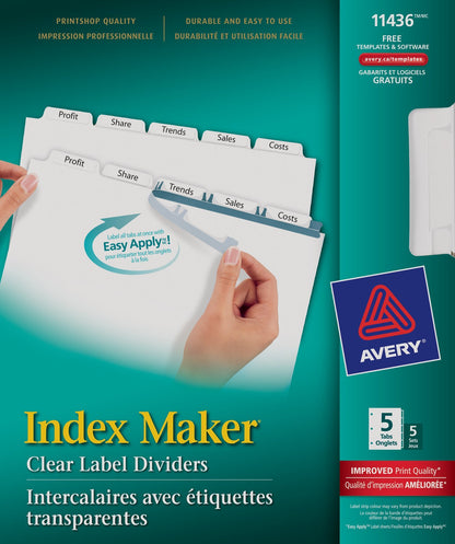 AVERY Index Maker Clear Label Dividers with Easy Apply Labels, for Laser and Inkjet Printers, White, 5 Tabs, 5 Sets, (11436)