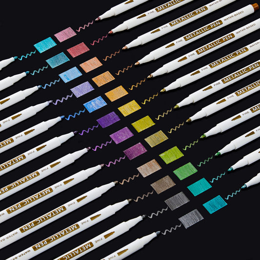 Shuttle Art Metallic Marker Pens, 24 Colors Metallic Paint Markers Fine Point for DIY Card, Calligraphy, Art and Crafting Projects, Works Great on Black Paper, Scrapbooks, Fabric, Rock