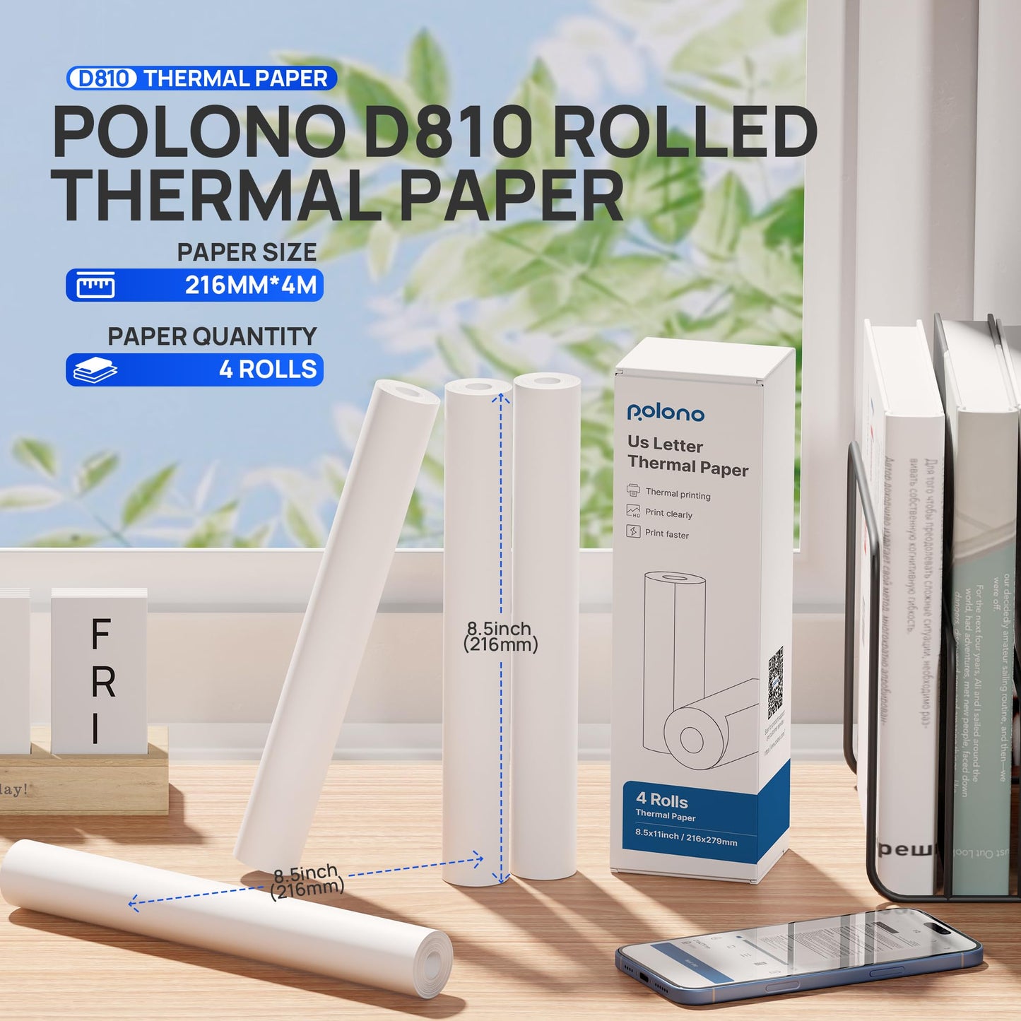POLONO D810 Thermal Printer Paper 8.5 x 11 Inch, Advanced Thermal Printing, US Letter Size Thermal Paper Compatible with D810, Size 8.5" x 11", 4 Rolls, 7m