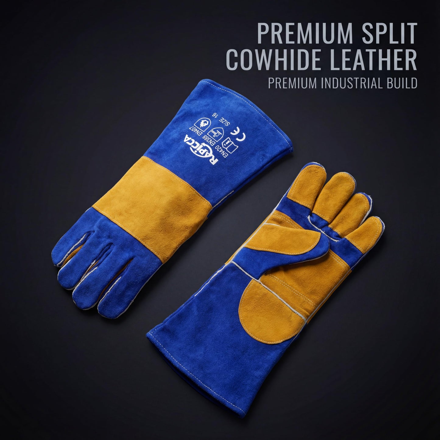 RAPICCA Welding Gloves Fire Heat Resistant: Fireproof Leather For Stick Mig Flux-Core Welder Forge Blacksmith Fireplace Wood Stove Fire Pit Furnace Handling Dry ice - One Size Blue 16IN 932℉