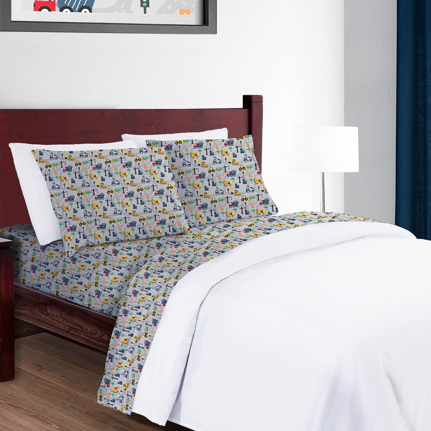Softan Kids Bed Sheet Set, 3-Piece Twin Sheets Set, Microfiber Fitted Sheet with 15 Inches Deep Pocket and Corner Straps, Breathable & Silky Soft Excavator Pattern Sheet and Pillowcase Sets
