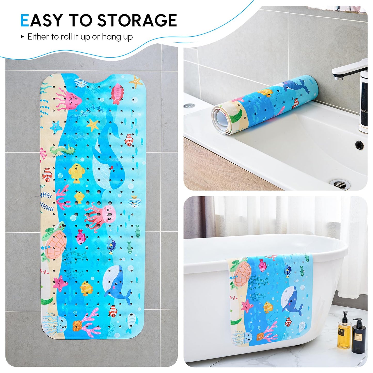 Bath Mats for Tub Kids, Baby Toddler - Large Cartoon Non-Slip Bathroom Bathtub Anti-Slip Shower Mats for Floor 40x16 Inch, Machine Washable XL Large Size Bathroom Mats (Whale)
