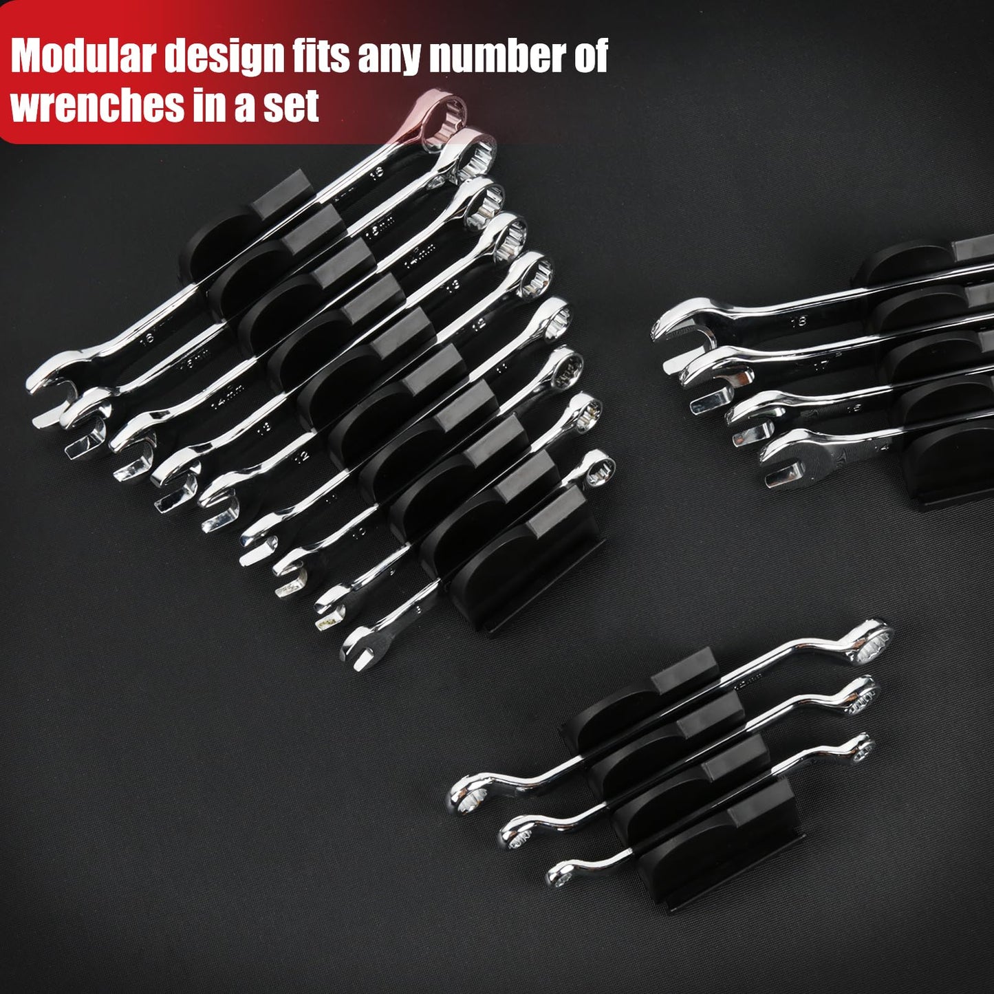 48PCS Magnetic Wrench Organizer for Tool Drawer,Wrench Holder with Metric&SAE Label,Modular Tool Storage Rack for Screwdriver and Ratchet，Strong Magnetic Base,gift for Mechanics Men（Black with magnet）