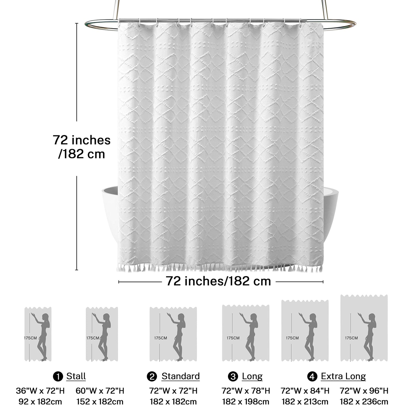 White Boho Shower Curtain Fabric Shower Curtains with Tassel 72 x 72 Modern Textured Shower Curtain Farmhouse Minimalist, Tufted Chevron Striped Shabby Chic, Water Resistant Cloth Curtain for Bathroom