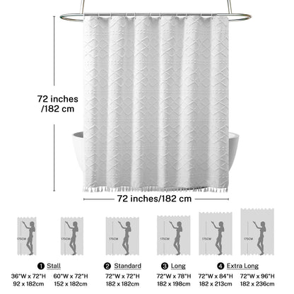 White Boho Shower Curtain Fabric Shower Curtains with Tassel 72 x 72 Modern Textured Shower Curtain Farmhouse Minimalist, Tufted Chevron Striped Shabby Chic, Water Resistant Cloth Curtain for Bathroom