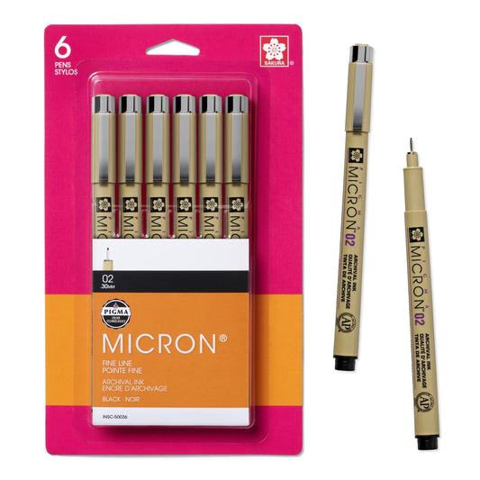 Sakura Pigma Micron Fineliner Pens - Archival Black Ink Pens - Pens for Writing, Drawing, or Journaling - Black Ink - 02 Point Size - 6 Pack