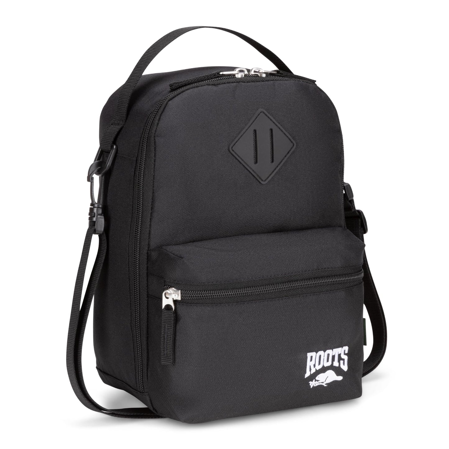 Roots Insulated Lunch Bag – Made from Recycled Polyester, with Exterior ID Label, Adjustable Shoulder Strap & 2 Zippered Compartments – 7L, Black