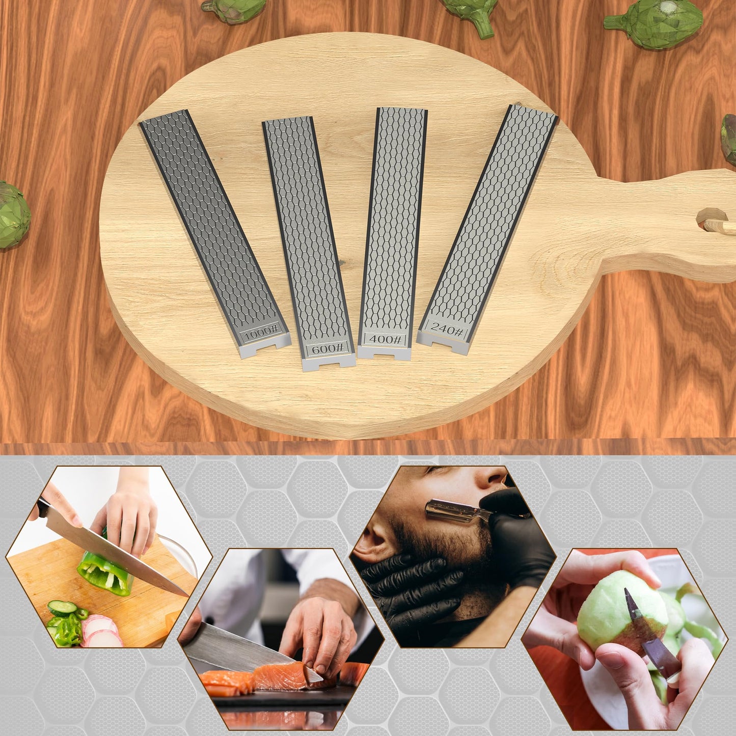 XARILK 4 PCS Diamond Knife Sharpening Stones Set with Aluminum Base 16×2.2 cm, Diamond Plates Kit for XARILK Type Sharpeners System, 240# 400# 600# 1000# Grit