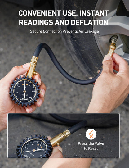 AstroAI Heavy Duty Tire Pressure Gauge 60 PSI with Large 2" Easy Read Glow Dial, Durable Rubber Hose and Solid Brass Construction, Professional Mechanical Tire Gauge for Motorcycles, Cars, Bicycle