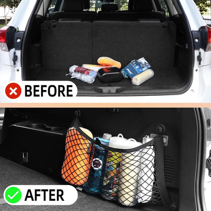 4 Pack Car Storage Net Bag (23.6 * 9.8inch),Nylon Net Double Layer Elastic,Large Mesh Cargo Net for Trunk, RV, Boats Storage Mesh Pocket Net with Mounting Screw and Builtin Hooks