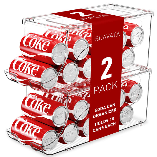 SCAVATA Stackable Refrigerator Organizer, Soda Can Dispenser Pop Cans Container Beverage Holder with Lid for Fridge, Freezer, Kitchen, Clear Plastic Storage Bins-Holds 10 Cans Each (Clear)