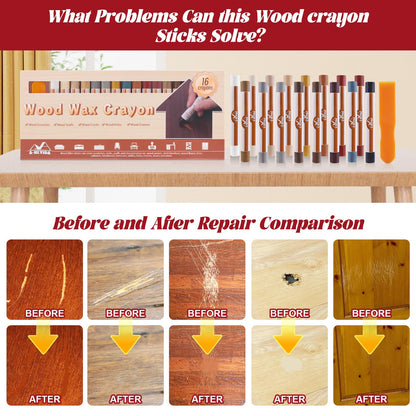 Wood Filler Sticks - Wood Furniture Wax Crayons 16 Colors, Hardwood Floor Scratch Repair Wax Filler Sticks, Touch Up Wax Sticks Repair Kit for Scratches, Scuffs, Cracks, and Nail Holes on Wooden Furniture, Floors, Cabinets, Tables