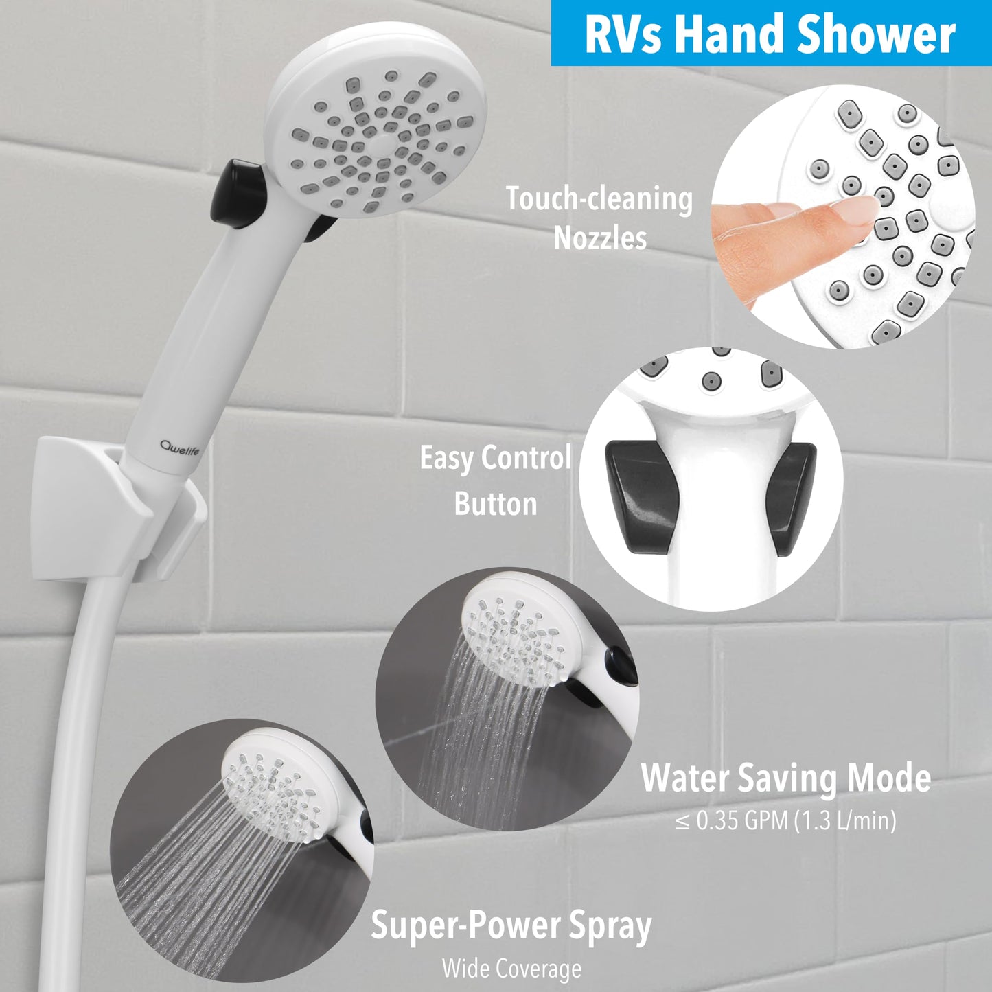 RV Shower Head with Hose and On Off Switch (Trickle), Water Saving High Pressure Shower Head with Hose Guide Ring, Shower Holder for RV, Camper, Van, Travel Trailer, Motorhome, Boat, White