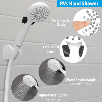 RV Shower Head with Hose and On Off Switch (Trickle), Water Saving High Pressure Shower Head with Hose Guide Ring, Shower Holder for RV, Camper, Van, Travel Trailer, Motorhome, Boat, White