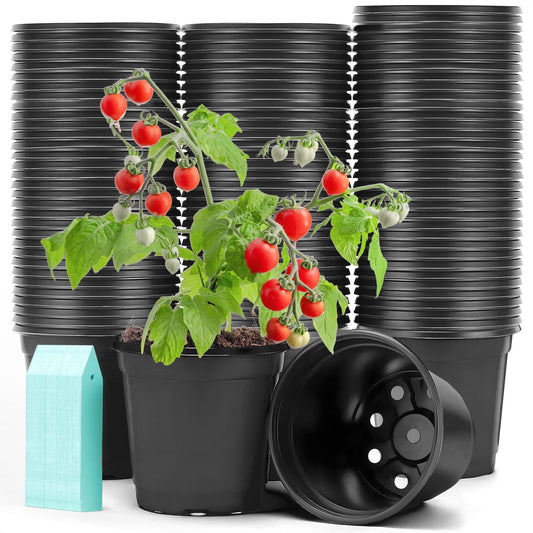 Sfee 100 Pack Plant Nursery Pots 4 inch Plastic Plant Pots, Soft Durable Reusable Seed Starting Pots for Succulents Plants Vegetables Fruits Seedlings Transplanting with 100 Plant Labels (Black)