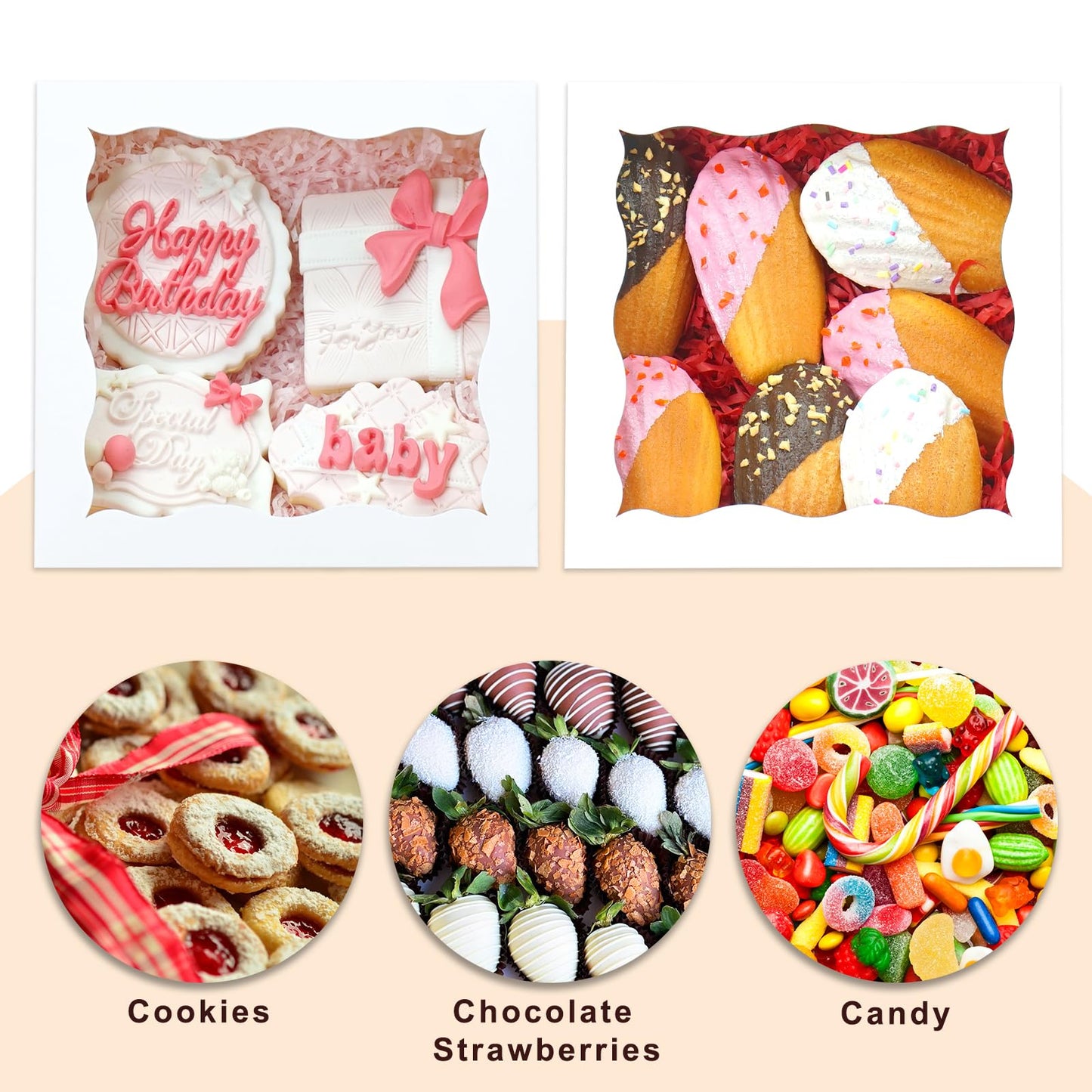 XINHPKGG 50 Pack Cookie Boxes 6x6x3 Inch Bakery Boxes with Window Treat Box Dessert Box for Macaron Mini Cake Chocolate Covered Strawberries Pastry - White