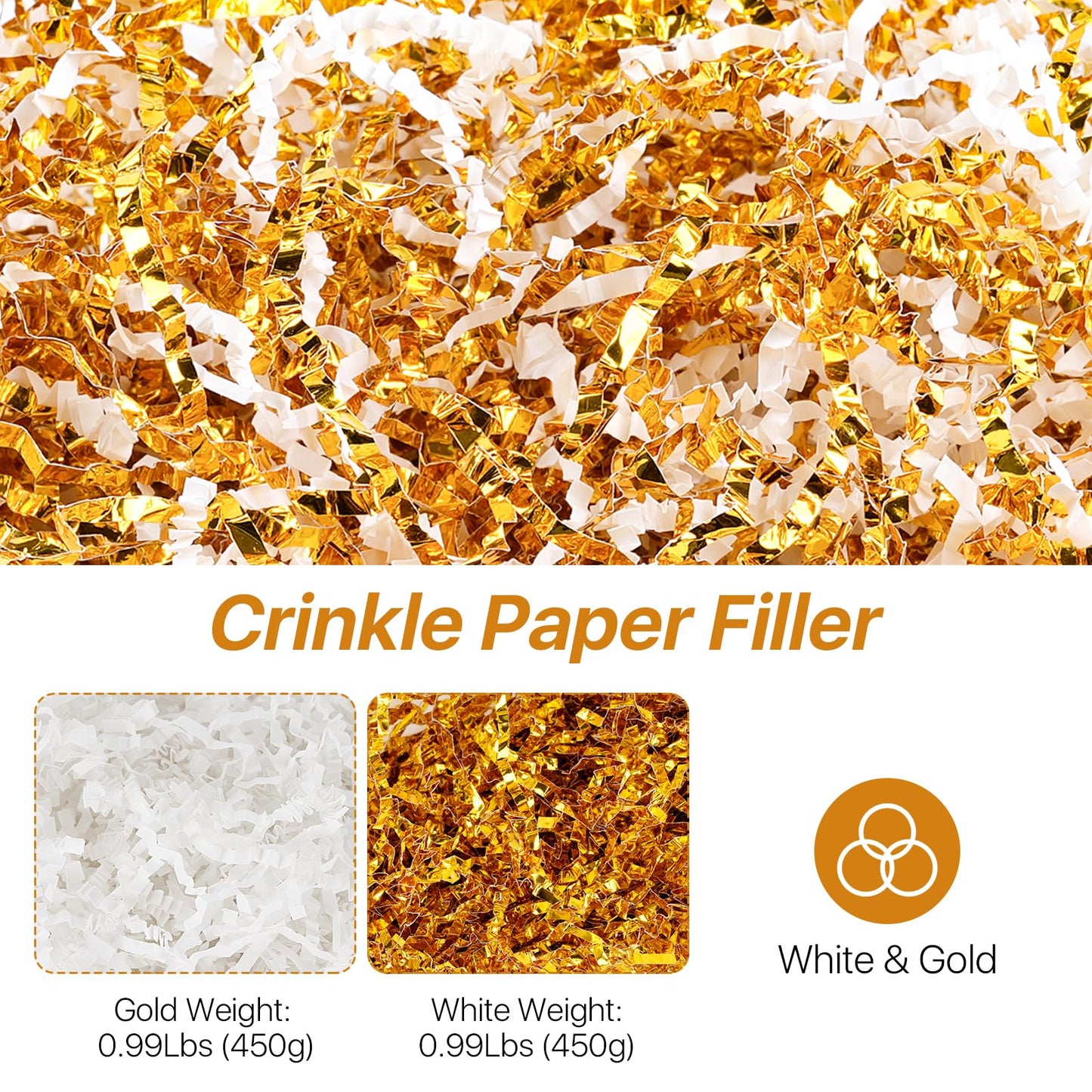 Worldity 1.98 LB White Gold Crinkle Cut Paper, Crinkle Cut Paper Shred Filler, Boxes Basket Filler for Table Decor, Wedding, Birthday, Easter, Christmas, Party’s Present Wrapping, Craft Projects