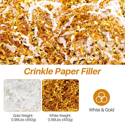 Worldity 1.98 LB White Gold Crinkle Cut Paper, Crinkle Cut Paper Shred Filler, Boxes Basket Filler for Table Decor, Wedding, Birthday, Easter, Christmas, Party’s Present Wrapping, Craft Projects
