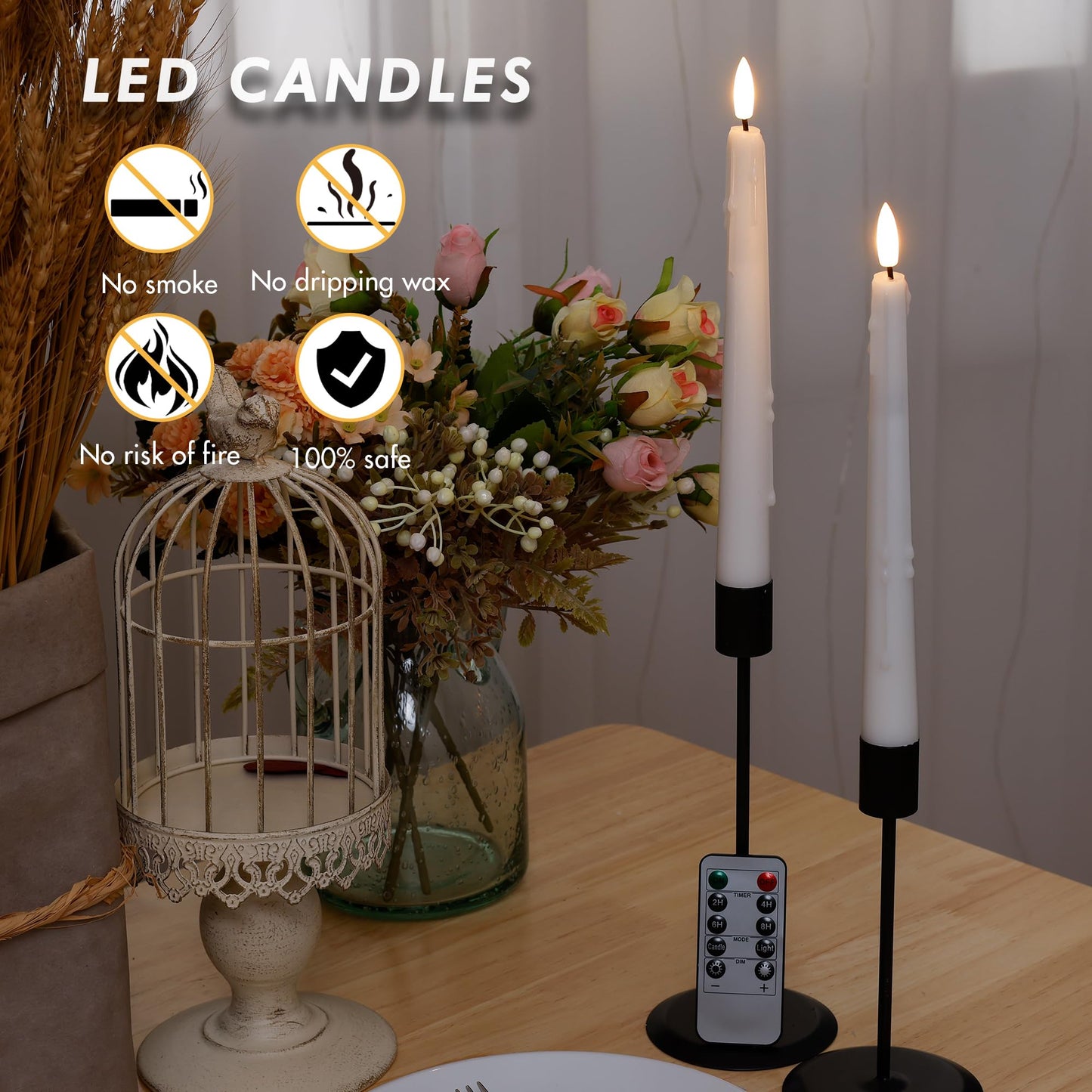 AFINETH Flameless Taper Candles with Rmote, 9.6" Dripless Battery Operated Candles, 3 Pack Real Wax Led Flickering Candlesticks with 3D Flame, Fake Candle for Home, Wedding, Party, White