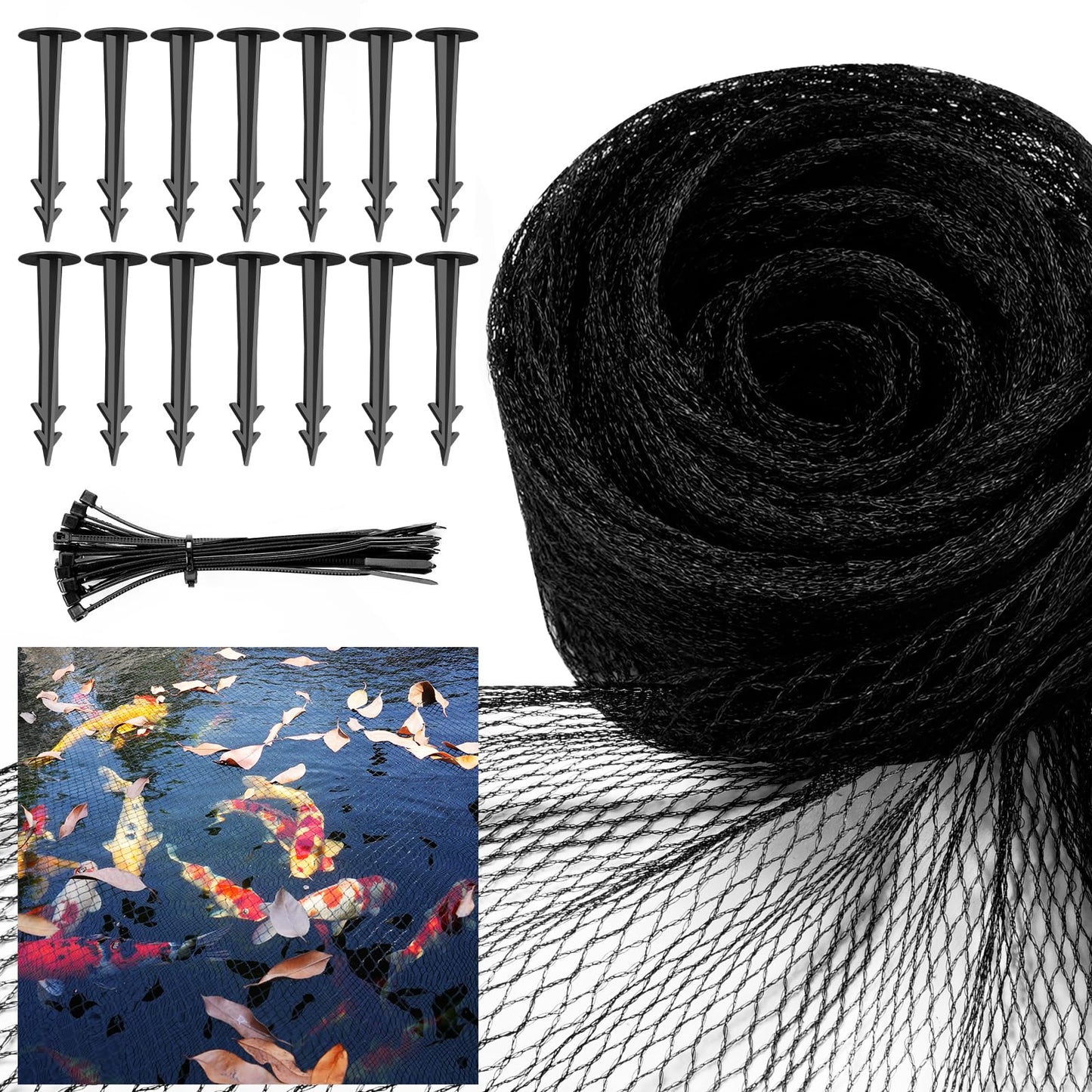Pond Netting Cover for Leaves, 15 x 20 Koi Pond Net Cover, Durable & Sturdy Pond Netting for Koi Ponds, Protect Koi Fish Against Herons, Raccoons, Cats & Predators, 14pcs Stakes Included