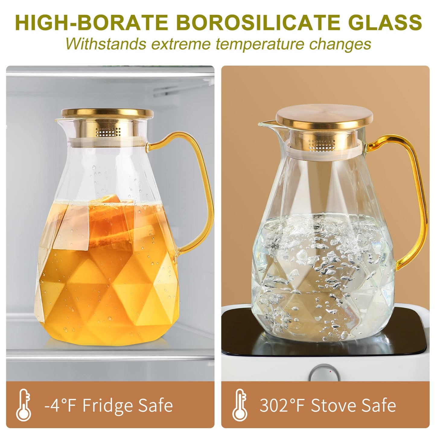 Yirilan Glass Water Jug, Glass Pitcher with Lid 74OZ/2.2L Water Pitcher with Lid Handle, Juice Pitcher Jug, Carafe