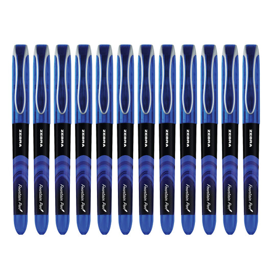 Zebra Pen, Fountain Pen, 0.6mm Fine Point, Stainless Steel Nib, Preloaded Blue Ink, Smooth Ink Flow, Classic Blue Barrels, No Cartridge Needed, 12-Pack (48320)