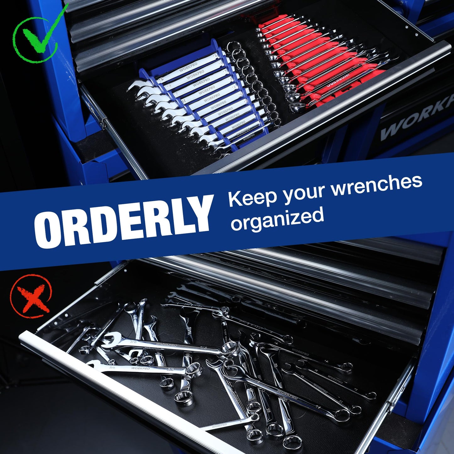WORKPRO 2-Pack Magnetic Wrench Organizer, 12-Piece Wrench Holder Set for Tool Box Drawer Chest, Premium Quality Wrench Rack Tool Trays SAE(1/4" - 15/16") and Metric(6mm-24mm)