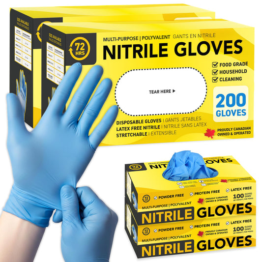 72HRS Nitrile Disposable All Purpose Gloves - 4 mil, Latex Free and Power Free, Food Grade Multipurpose Gloves (200 Pieces, Large)