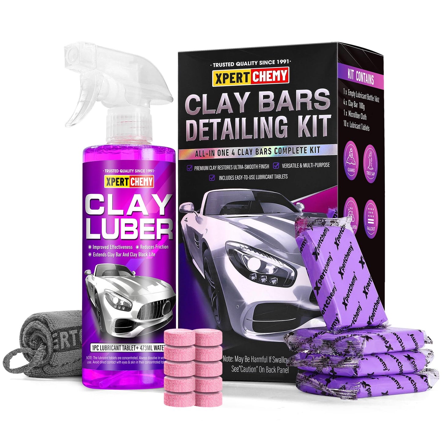 XPERTCHEMY Car Clay Bars Auto Detailing 4 Pack 400g(4x100g) and Clay bar Lubricant Tablets 10 Pack(1pcs=16 oz) Clay bar kit, Spray Bottle and Microfiber Towel for Car Detailing