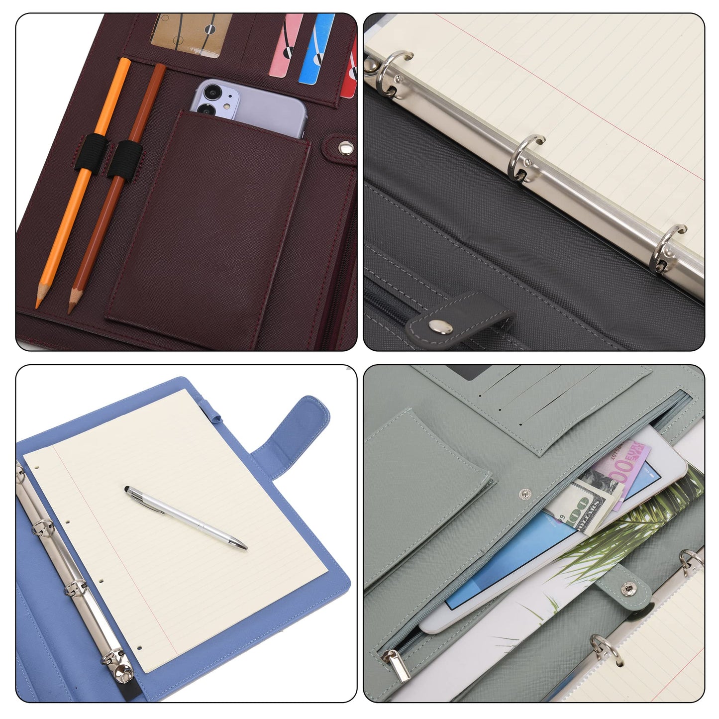 Wonderpool A4 Leather 4 Ring Holder Writing Portfolio Multi Document Case with Removable Binder Clipboard and Functional Pocket for Organizer Office Travel School (Brown)