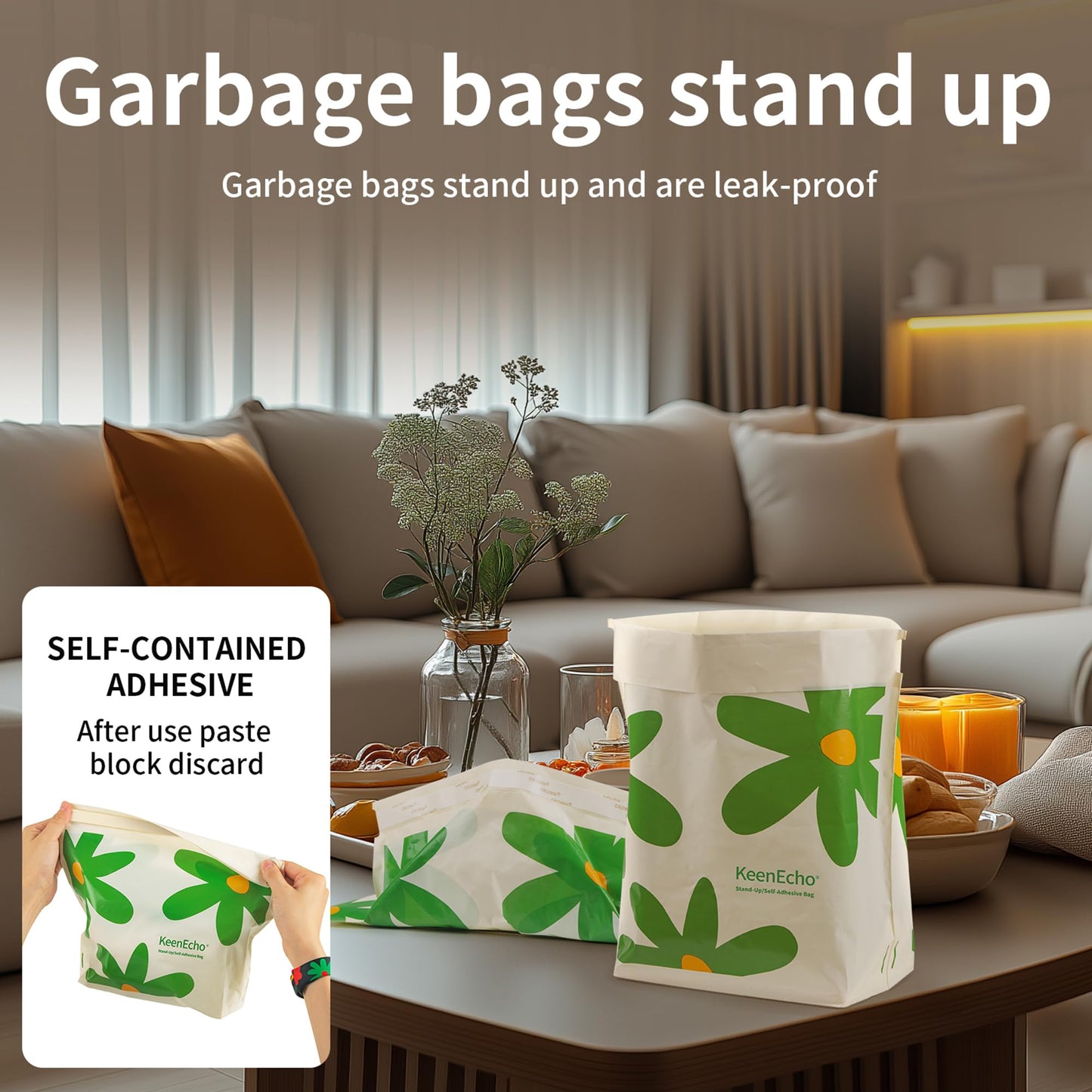 Car Trash Bags Stand-up and Self-Adhesive Dual-Purpose Portable Disposable Garbage Bags Suitable for Car,Boat, Plane,Home and Office, 60pcs