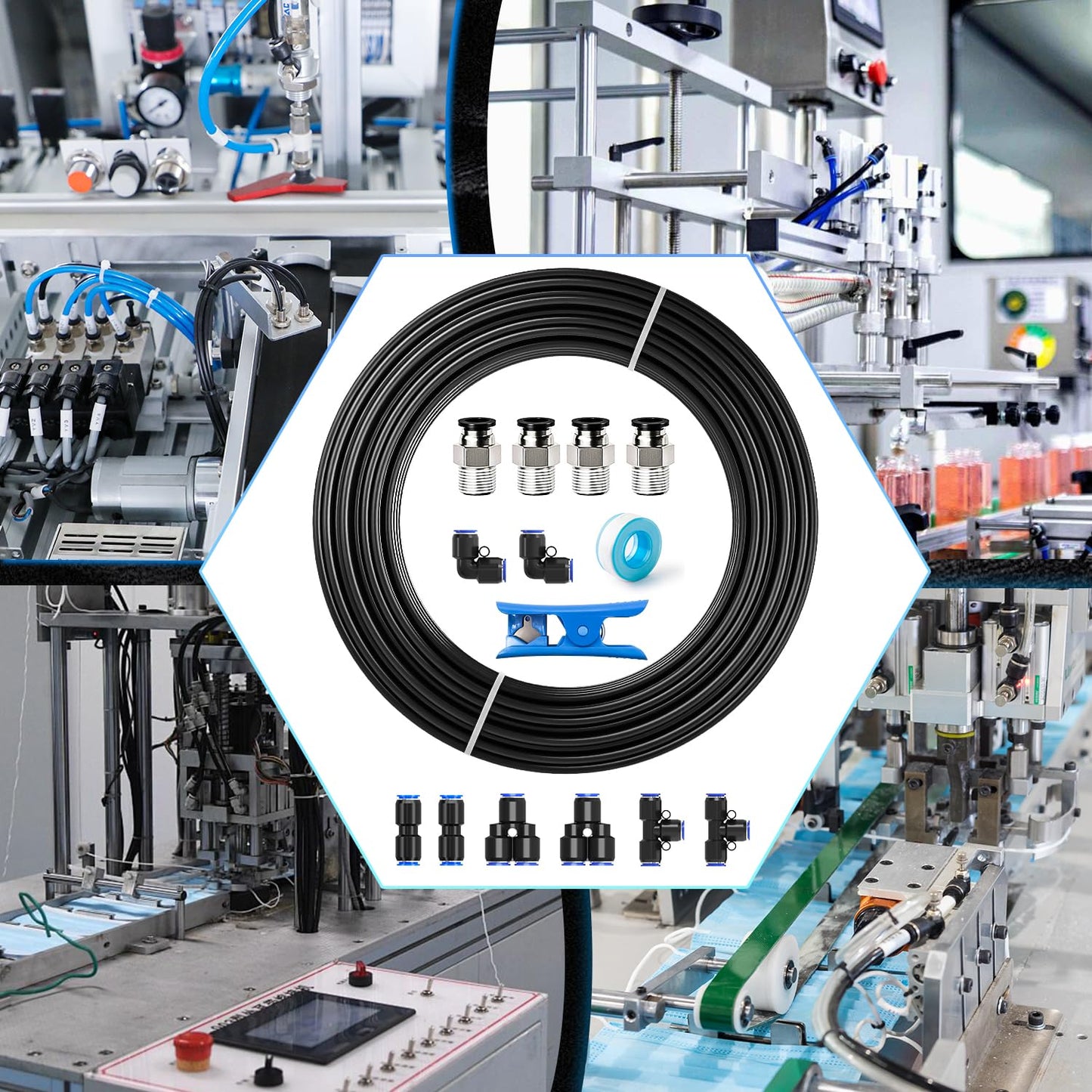 mxuteuk 15PCS 1/4 Inch Air Line Tubing Kit,1/4 Inch(6.35mm) OD x 32.8 Feet(10 Meter) Polyurethane PU Tube and 1/4 Inch OD Push to Connect Fittings