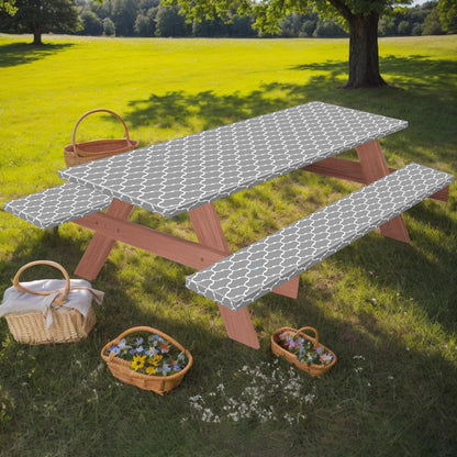 3 PCS Picnic Table Cover with Bench Covers Waterproof Camping Tablecloth Flannel Backing Elastic Edge Wipeable Plastic Cover Vinyl Tablecover Fitted 30''x72'' Rectangle Tables (Grey Moroccan, 6 FT)