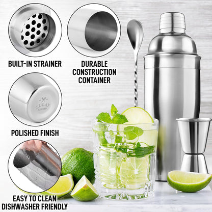 Zulay Kitchen 24 oz Stainless Steel Cocktail Shaker Set - Mixed Drink Shaker - Martini Shaker Set with Built in Strainer, Double Sided Jigger & Combo Muddler Mixing Spoon - Pro Margarita Shaker