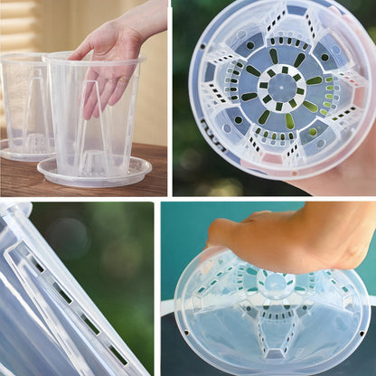 5 Pack Clear Plastic Orchid Pots with Holes and Saucers for Plants,5.5 x 6.5 in Thickened Transparent Pot,Breathable Slotted Orchids Planter Hard Flower Pots Nursery Pots, Houseplant