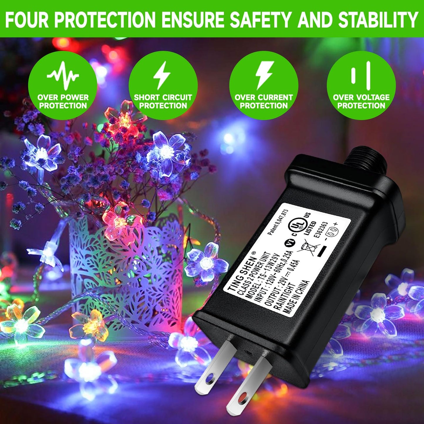 29V 0.45A 13W Class 2 Power Unit Model TS-13W29V LED Transformer Raintight IP44 US Plug Adapter, Seasonal-Use LED Driver for Ting Shen Replacement Parts String Light, Holiday Lighting